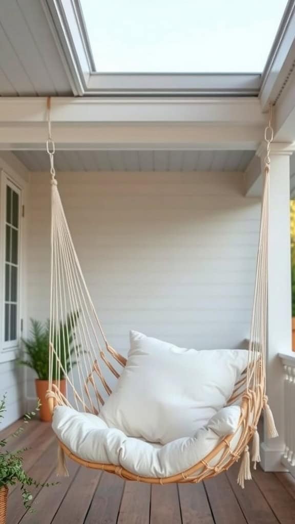 A porch with a hanging hammock chair featuring a large white cushion, surrounded by potted plants and soft natural lighting.
