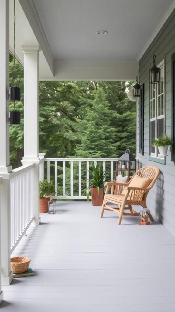 A cozy porch with a rattan chair, potted plants, and a railing overlooking lush green trees.
