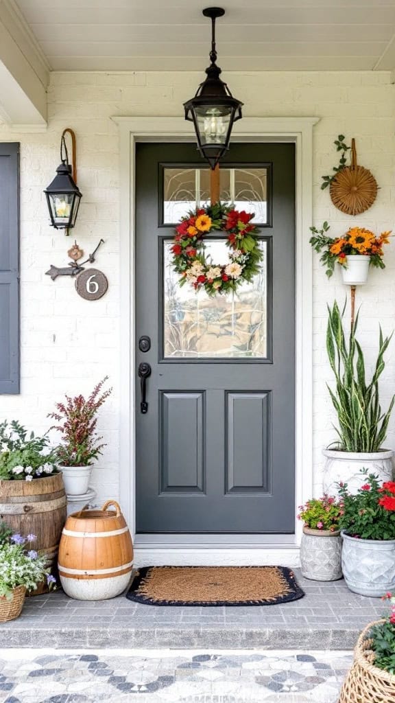 A welcoming front door with a gray panel design, adorned with a colorful flower wreath. The porch is decorated with potted plants and flowers on both sides, with a small wooden barrel planter. A black lantern hangs from the ceiling and wall, while a doormat lies in front of the door. The house number 6 is displayed on the left wall.