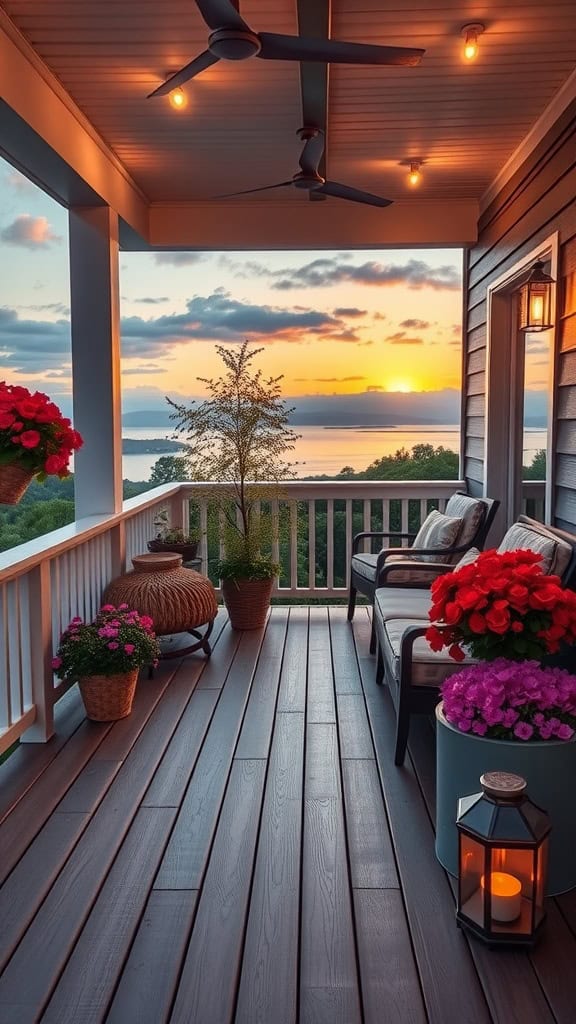 A cozy porch at sunset, featuring a wooden floor and railing, decorated with potted flowers and plants. There's a seating area with cushions, an overhead ceiling fan, and warm string lights. In the distance, a scenic view of a body of water and a setting sun is visible.