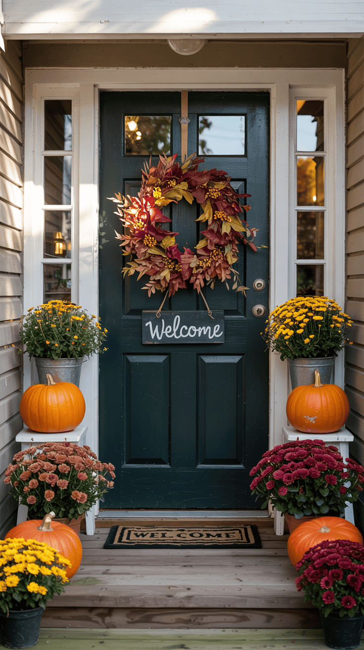 A front door decorated for autumn with a large wreath of red and yellow leaves, surrounded by potted yellow and red chrysanthemums, and pumpkins placed on the steps. A "Welcome" sign hangs on the door and a welcome mat rests on the porch.