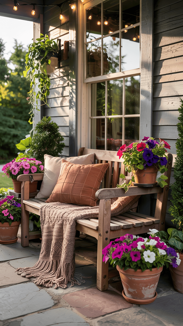 A cozy porch scene featuring a wooden bench adorned with decorative cushions and a knitted throw blanket, surrounded by pots of vibrant flowers. The porch is softly illuminated by string lights above, with greenery visible in the background.