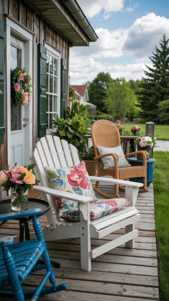 A charming wooden porch with a white Adirondack chair and a wicker rocker, both adorned with floral-patterned cushions, surrounded by vibrant flower arrangements and greenery under a partly cloudy sky.