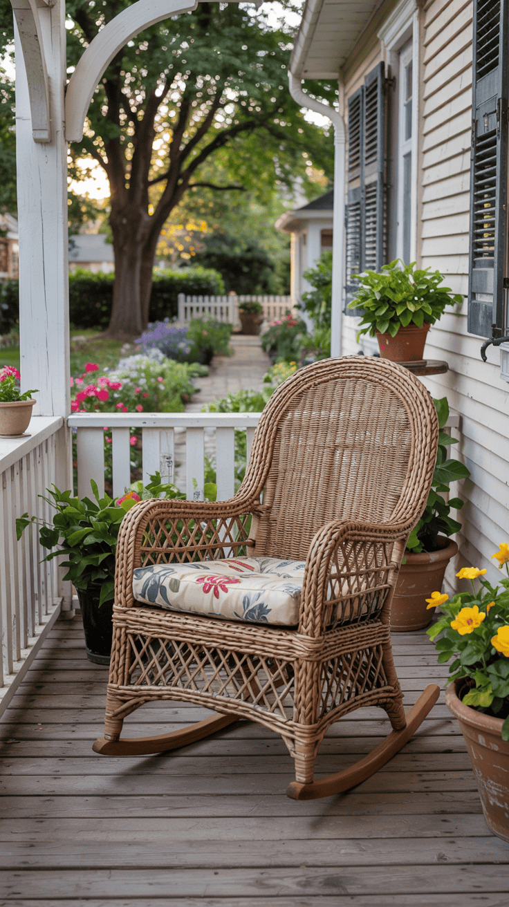A wicker rocking chair with a floral cushion on a wooden porch surrounded by potted plants and a lush garden with a tree in the background.