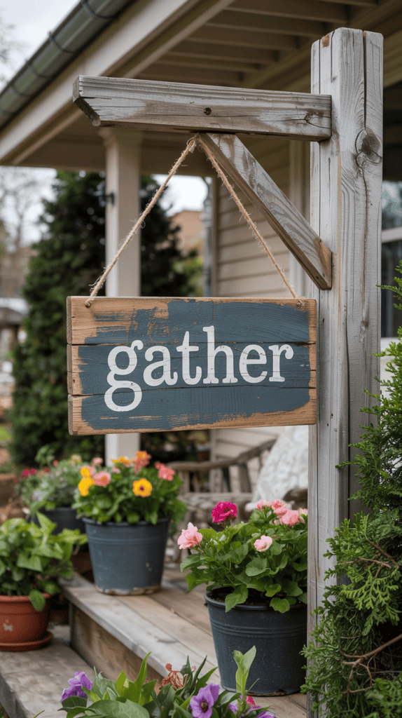 A wooden sign displaying the word 'gather' hangs outside a house with a porch, surrounded by pots of colorful flowers.