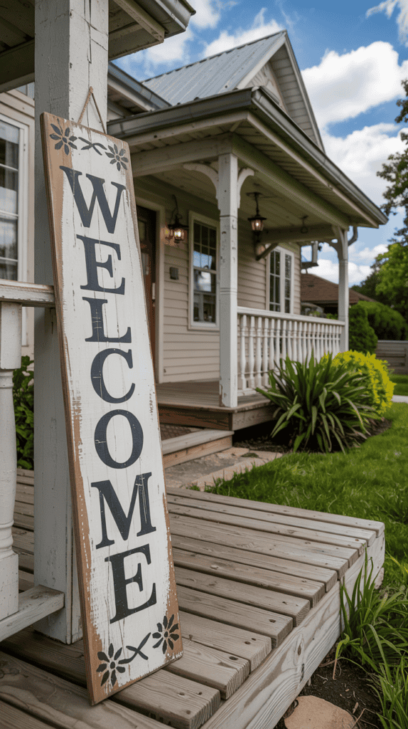 A rustic wooden sign with the word 'WELCOME' leaning against a porch post of a cozy house with a covered porch, surrounded by greenery and a blue sky with clouds.