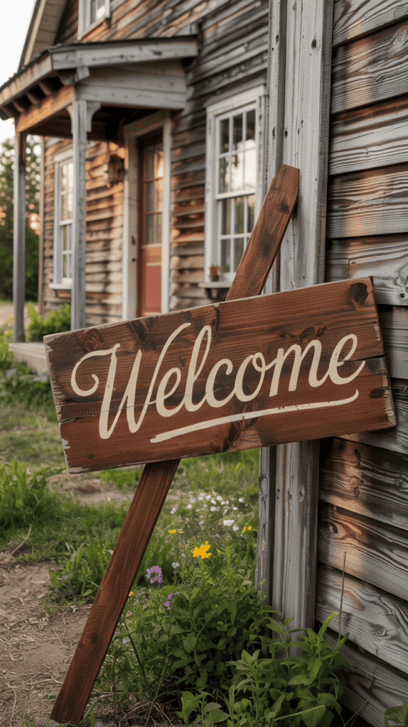 A wooden welcome sign leaning against a rustic house with weathered wooden siding, a red door, and a small garden with wildflowers in the foreground.