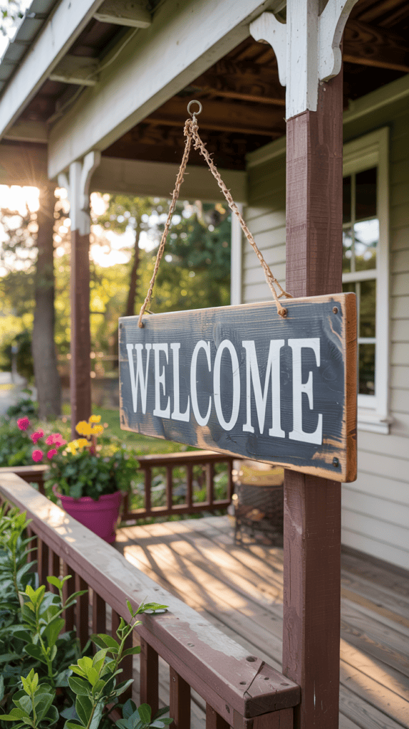 A wooden "WELCOME" sign hanging from a post on a front porch, with flowers in a pot and greenery surrounding the area in a garden setting.
