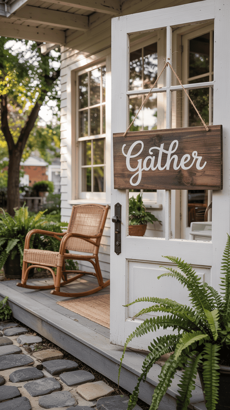 A welcoming porch with a wooden sign reading 'Gather' hanging on a white door. A wicker rocking chair sits on the wooden porch surrounded by potted ferns, and a cobblestone path leads up to the entrance.