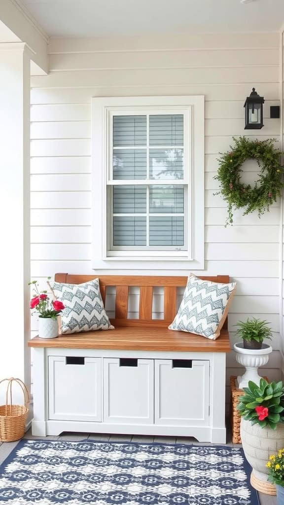 A cozy porch area with a wooden bench featuring white storage drawers, adorned with two blue patterned cushions. A potted plant with red flowers is placed on one side of the bench, while a green wreath and outdoor light decorate the white siding wall above. A decorative rug with blue and white patterns covers the floor.