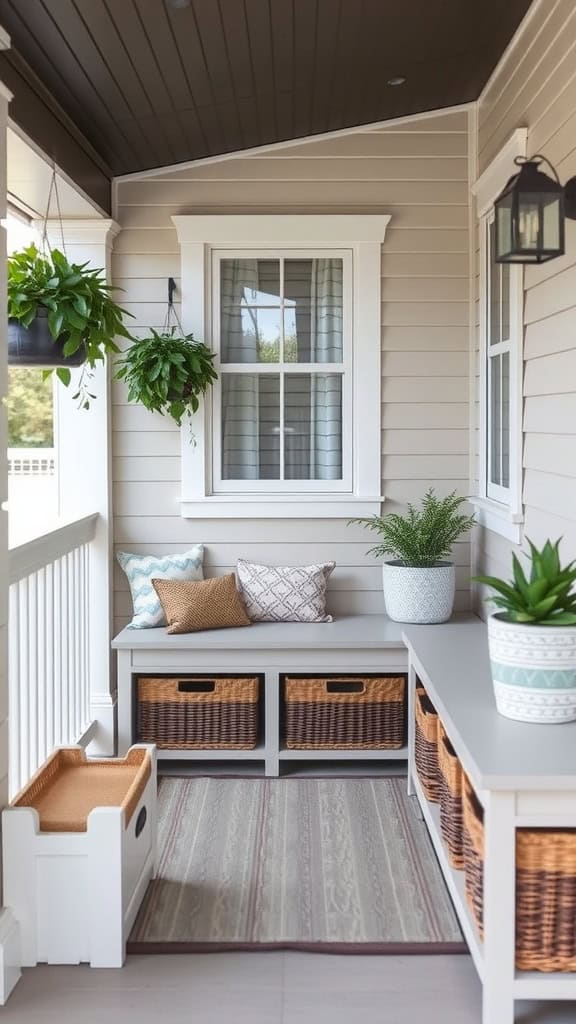 A cozy porch area with a beige clapboard wall, featuring a bench with woven baskets underneath for storage. The bench is adorned with patterned cushions and is accompanied by potted plants on either side. Hanging ferns and a sconce light enhance the warm, inviting atmosphere. A striped rug lies on the floor, and a small window is centered above the bench.