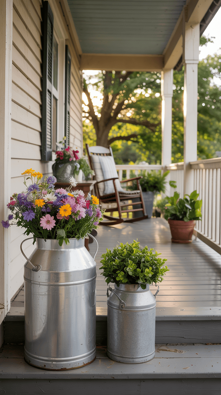 A porch with a wooden floor featuring a large metal milk can holding a bouquet of colorful flowers, a smaller milk can with green foliage, and a rocking chair in the background surrounded by potted plants.