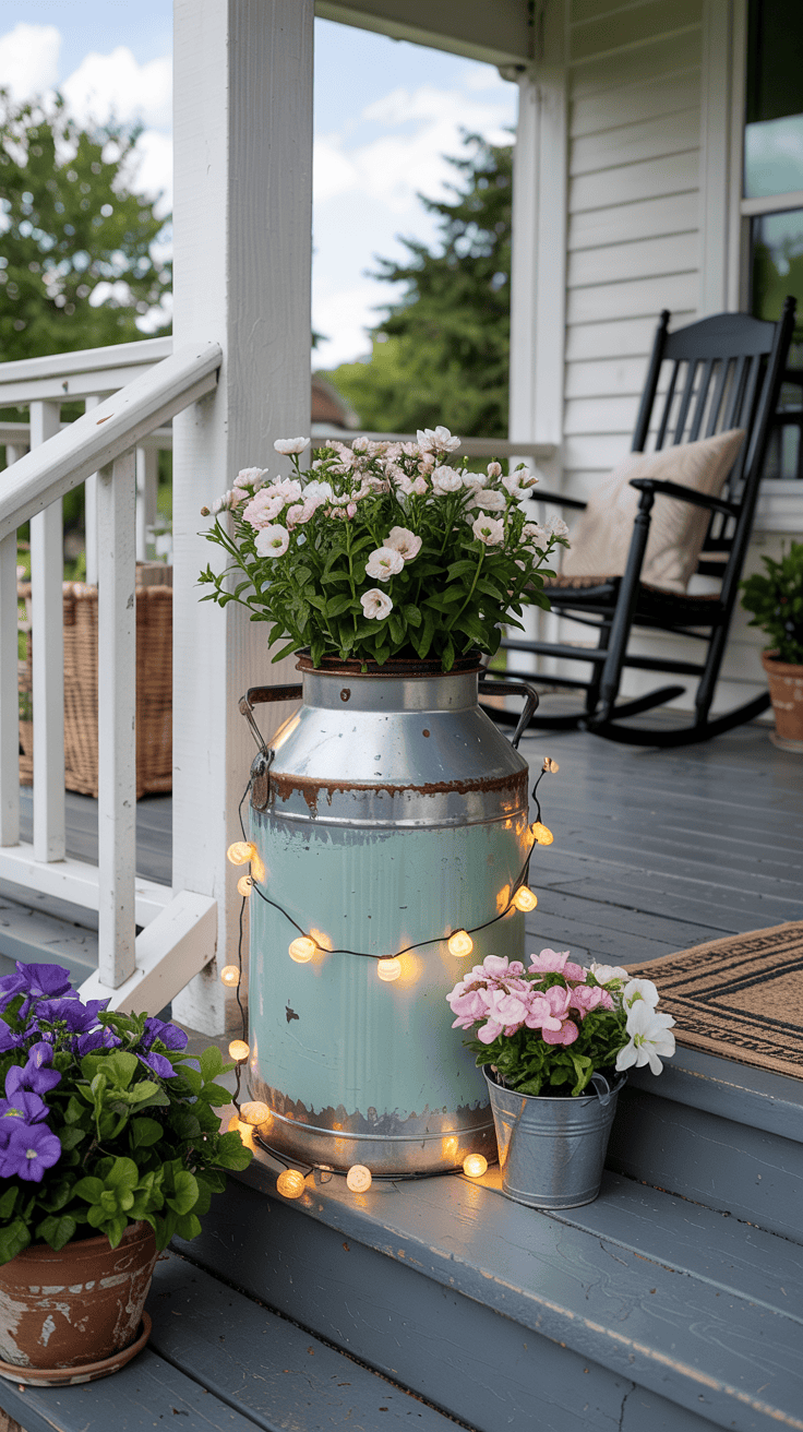 A rustic porch scene with a vintage metal milk can used as a planter for pale pink flowers, adorned with string lights. Nearby, colorful potted flowers are placed on wooden steps leading to a porch with a black rocking chair in the background.
