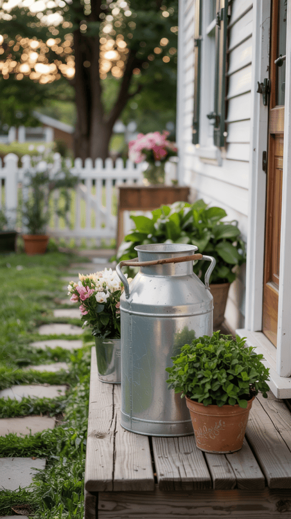 A rustic outdoor scene featuring a metal milk can placed on a wooden step, surrounded by potted plants and flowers, with a white picket fence and tree in the background.