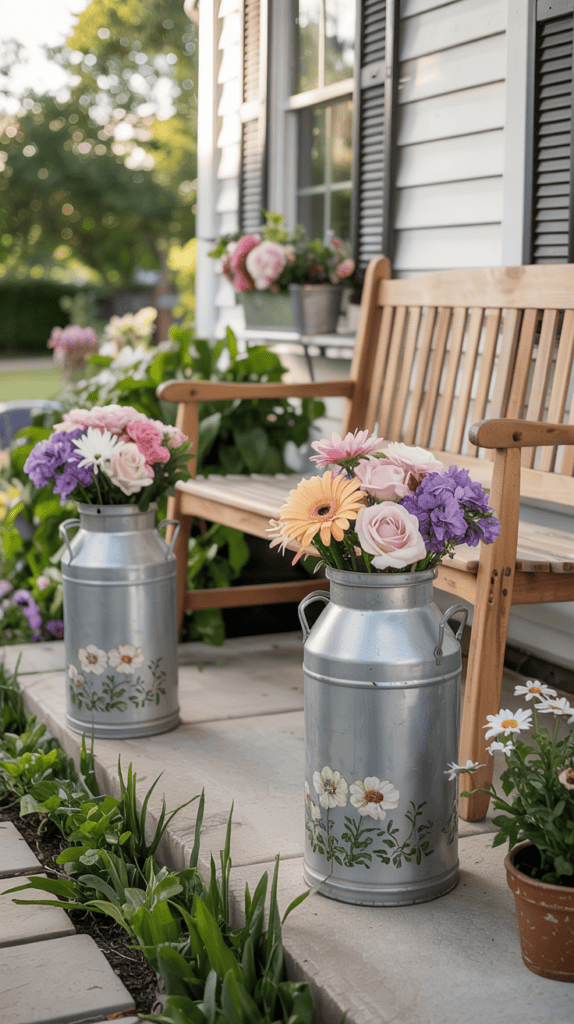 A front porch features a wooden bench surrounded by colorful flower arrangements in metal milk cans, with daisies and other flowers in pots and the garden bed nearby.