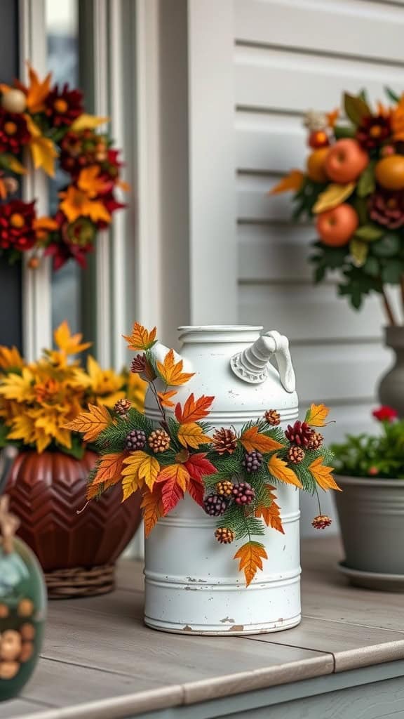 A rustic white milk can decorated with autumn leaves and pine cones is placed on a wooden table. In the background, there are fall-themed wreaths and potted plants with colorful leaves and small pumpkins.