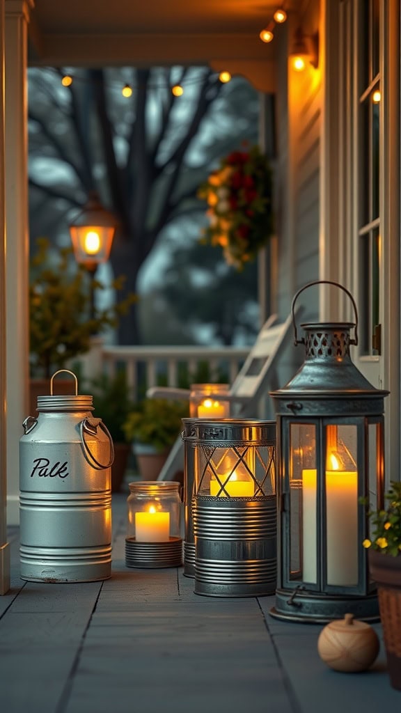 A cozy porch setting at dusk featuring various lanterns and candles placed on a wooden floor, with a milk jug and decorative lights enhancing the warm ambiance.