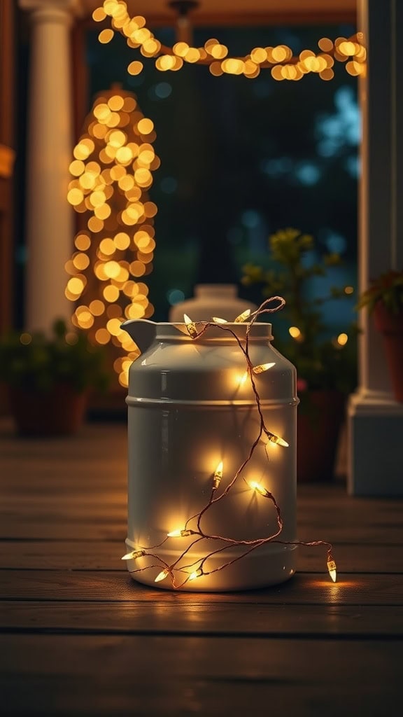 A white milk canister wrapped with glowing string lights, placed on a porch with additional blurred lights decorating the background.