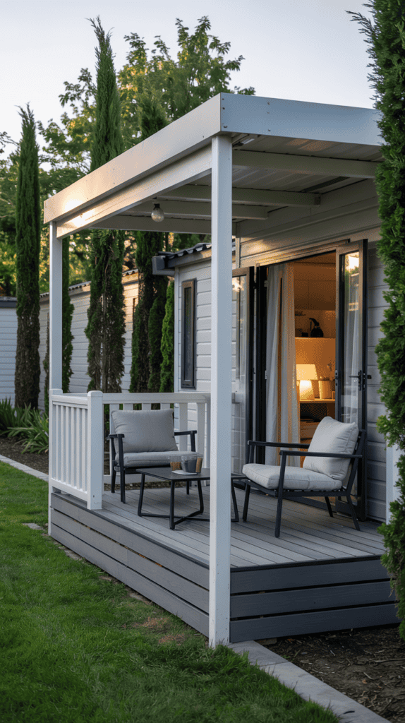 A cozy porch with modern white and gray decor featuring two cushioned chairs and a small table, surrounded by lush greenery.