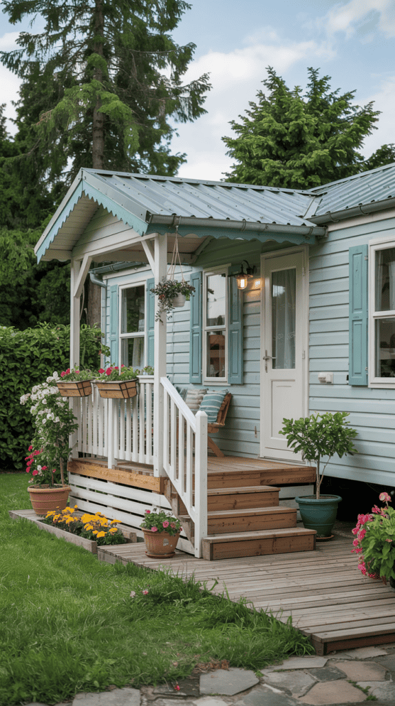 A small, charming cottage painted light blue with white trim, featuring a wooden porch adorned with potted flowers and a hanging plant, set against a backdrop of lush green trees.