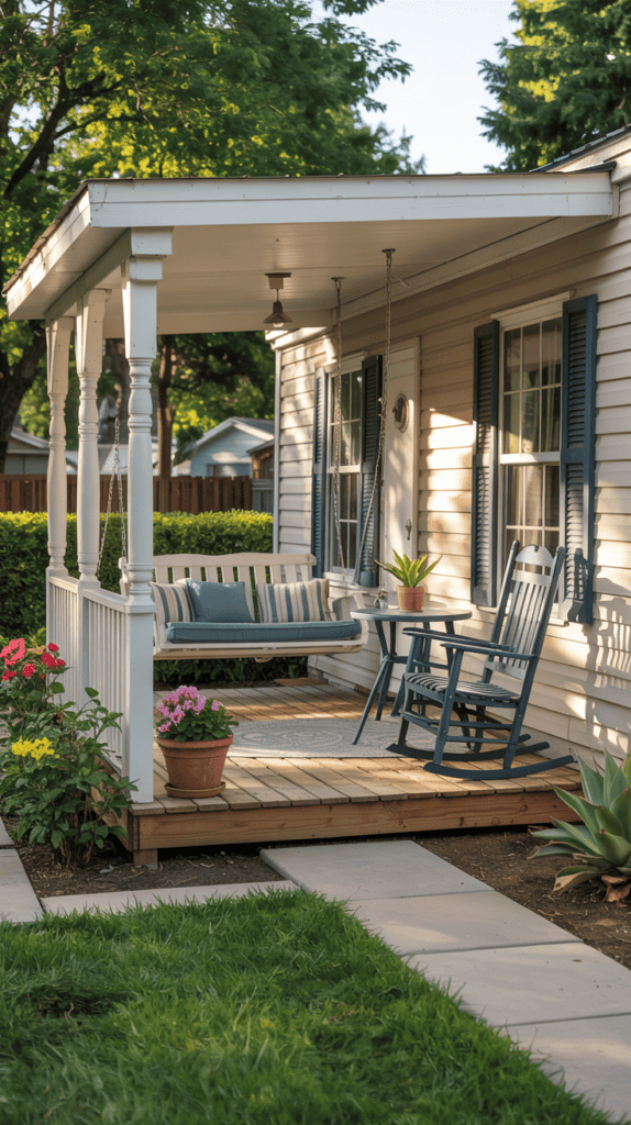 A cozy front porch featuring a white swing with blue and striped cushions, a navy rocking chair, a small round table with a potted plant, and vibrant flowers lining the steps. The house has light siding with blue shutters and is surrounded by a well-kept garden and lawn.
