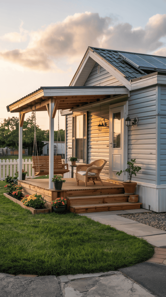 A cozy front porch of a small blue house with a wooden swing and wicker chair, surrounded by potted plants and flowers, under a partly cloudy sky.