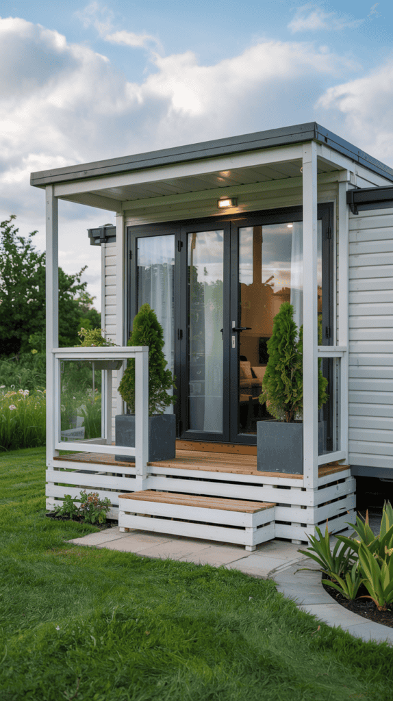 A small, modern prefabricated house with a small porch featuring glass doors and potted plants, situated on a well-maintained green lawn under a partly cloudy sky.