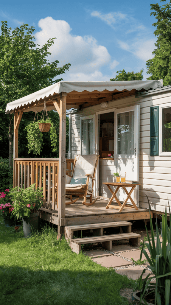 A small, cozy porch attached to a mobile home, featuring a wooden rocking chair and a small table with drinks, surrounded by lush greenery and potted plants under a blue sky.
