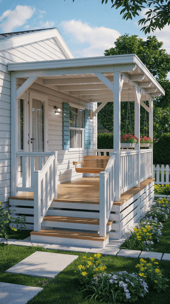 A small, charming white porch with a wooden swing, surrounded by a garden with colorful flowers and vibrant greenery.