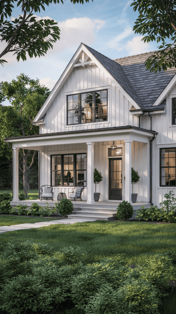A white, two-story farmhouse features a charming front porch with seating and potted plants, surrounded by lush greenery and trees under a blue sky.