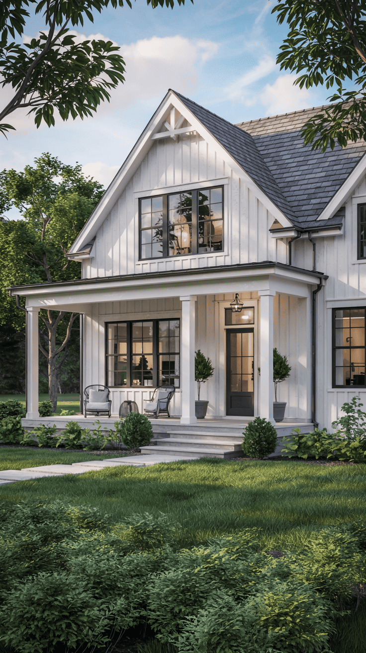 A white, two-story farmhouse features a charming front porch with seating and potted plants, surrounded by lush greenery and trees under a blue sky.