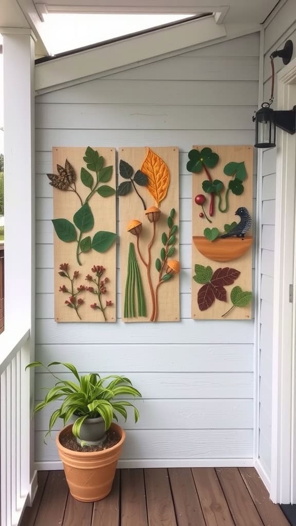 Wooden porch featuring three wall-mounted panels with colorful botanical art, depicting leaves, flowers, and berries. A potted plant sits below on the wooden deck.