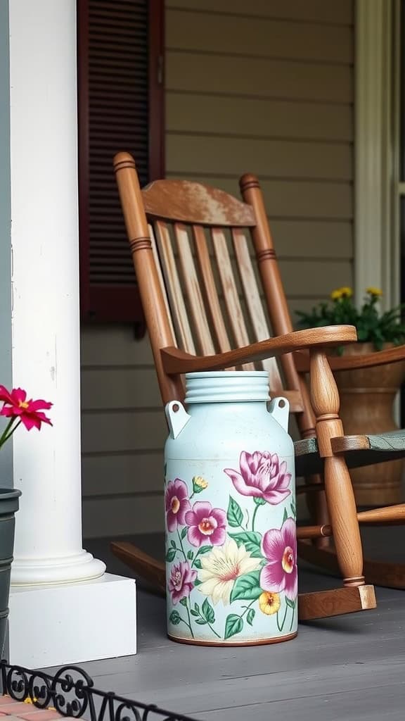 A wooden rocking chair on a porch next to a decorative milk can painted with colorful flowers, with potted plants in the background.