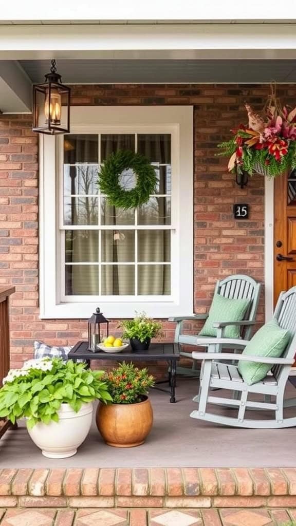 A cozy porch with a brick wall features two wooden rocking chairs with green cushions, a window with a green wreath, and a black lantern hanging above. There is a small black table with decorative plants and a bowl of lemons. Two planters with lush green plants are on the ground, and an arrangement of flowers hangs on the wall beside a wooden door with the number 15.