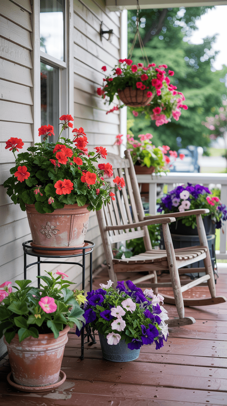 A porch featuring a wooden rocking chair surrounded by vibrant potted flowers, including red geraniums and pink and purple petunias, with a hanging basket of pink flowers above.
