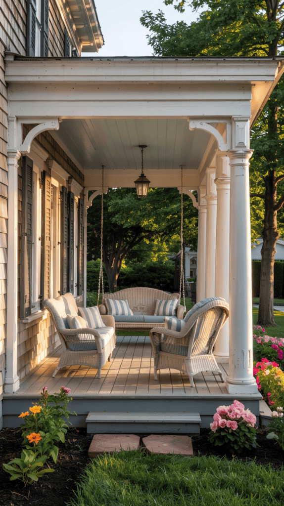 A cozy porch with wicker furniture, including armchairs and a swing, adorned with striped cushions. The porch is surrounded by white columns and overlooks a lush garden with colorful flowers.