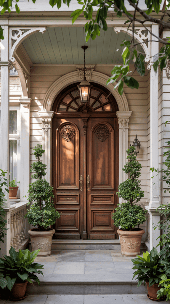 A grand wooden double door with intricate carvings, set under an arched porch lined with decorative moldings and adorned with a hanging lantern. Potted topiary plants flank the entrance, enhancing the elegance of the stone-paved porch.