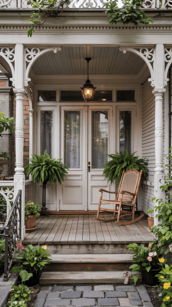 A porch with wooden flooring featuring a decorative white railing and columns, two potted ferns flanking a set of white double doors, and a wicker rocking chair. A black hanging lantern is suspended from the ceiling, and potted flowers are placed along the steps leading to the porch.