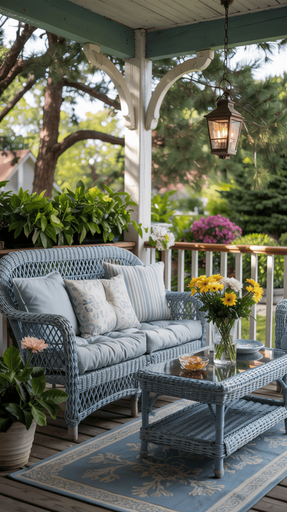 A cozy porch with a light blue wicker sofa and table set, adorned with patterned cushions. The table holds a vase of yellow and white flowers. A hanging lantern provides soft lighting, surrounded by lush greenery and colorful flowers.