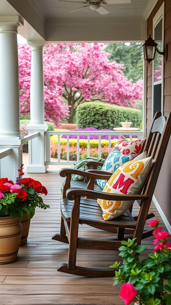 A cozy porch with a wooden rocking chair adorned with colorful pillows, surrounded by vibrant potted flowers and overlooking a lush garden with blooming pink trees.