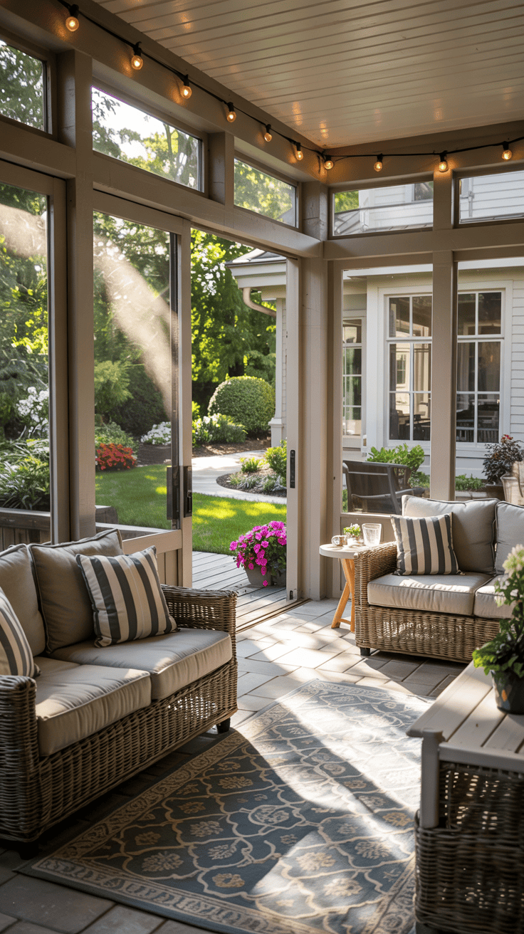 A sunlit porch with wicker seating and striped cushions, featuring a potted plant on a small table, a woven rug, and string lights on the ceiling, opening to a garden with neatly trimmed bushes and colorful flowers.