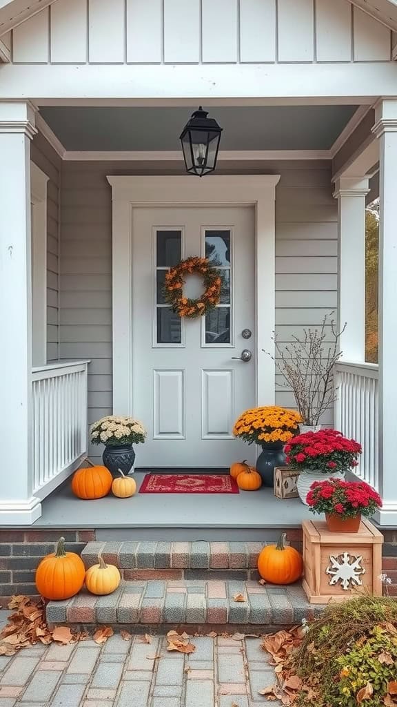 A front porch decorated for fall with a white door adorned with an orange wreath, surrounded by pumpkins and potted chrysanthemums in various autumn colors.
