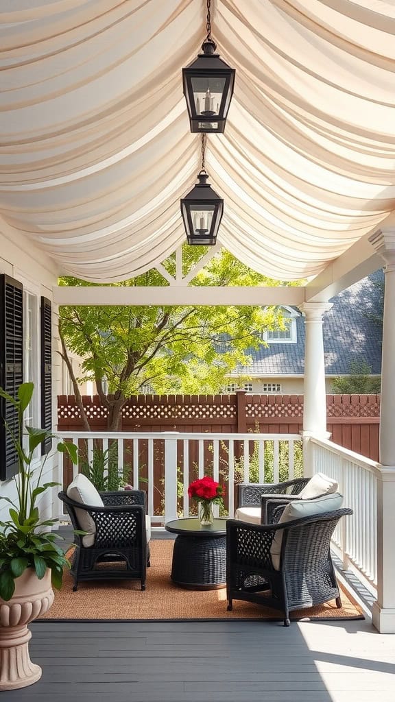 A covered porch with draped fabric ceiling, black lantern lights, black wicker furniture with white cushions, and a round table with a vase of red flowers. The porch has a view of a tree and a wooden fence.