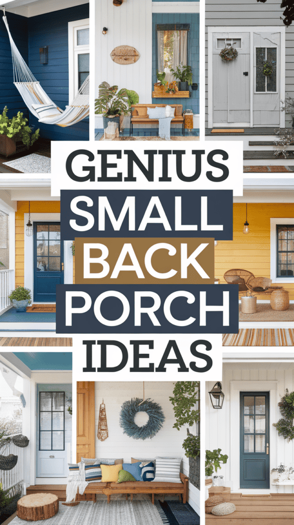Collage of small back porch designs featuring a hammock, plants, seating, and various door colors, with text overlay "Genius Small Back Porch Ideas."