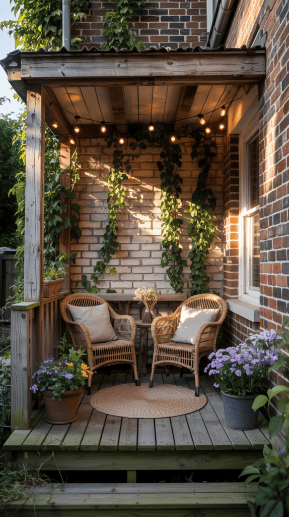 A small, cozy porch with two wicker chairs, a small table, string lights, and climbing plants on a brick wall, surrounded by potted flowers.