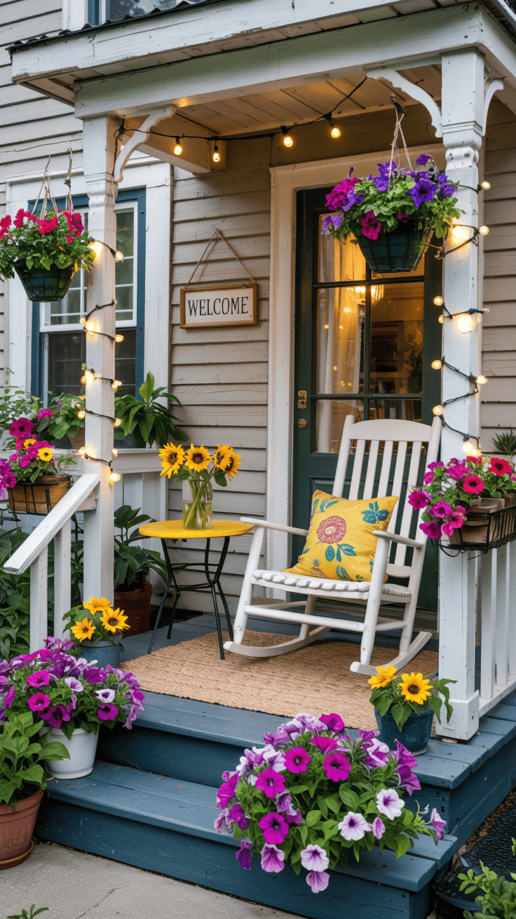 A charming porch with a white rocking chair, decorated with a yellow floral cushion, next to a small yellow table holding a vase of sunflowers. The porch is adorned with hanging baskets and pots of vibrant pink and purple flowers, string lights, and a "Welcome" sign above a green door.