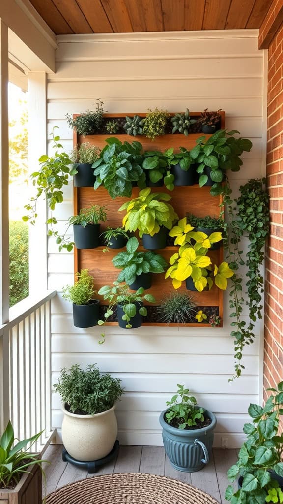 A vertical garden on a porch wall featuring various plants in pots arranged on a wooden frame, with additional potted plants on the porch floor, creating a lush, green outdoor setting.