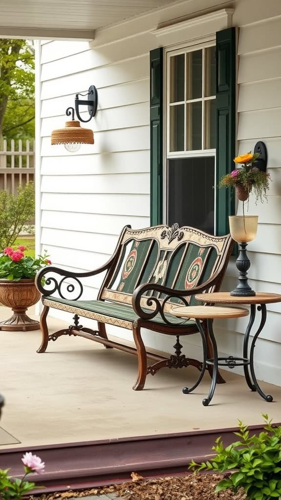A quaint porch with a decorative bench and side table, adorned with a potted plant and ornate wall light fixtures, set against white siding with dark green shutters.