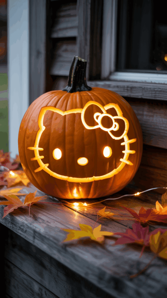 A carved pumpkin with a detailed design of a cat face, featuring prominent whiskers and a bow on its head, illuminated from within and placed on a wooden platform decorated with colorful autumn leaves.