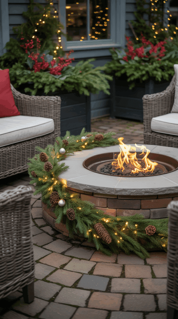 An outdoor seating area with wicker chairs surrounding a stone fire pit adorned with evergreen garland, pine cones, and small lights. In the background, festive decorations include more greenery and red berries, along with string lights on a dark exterior wall.